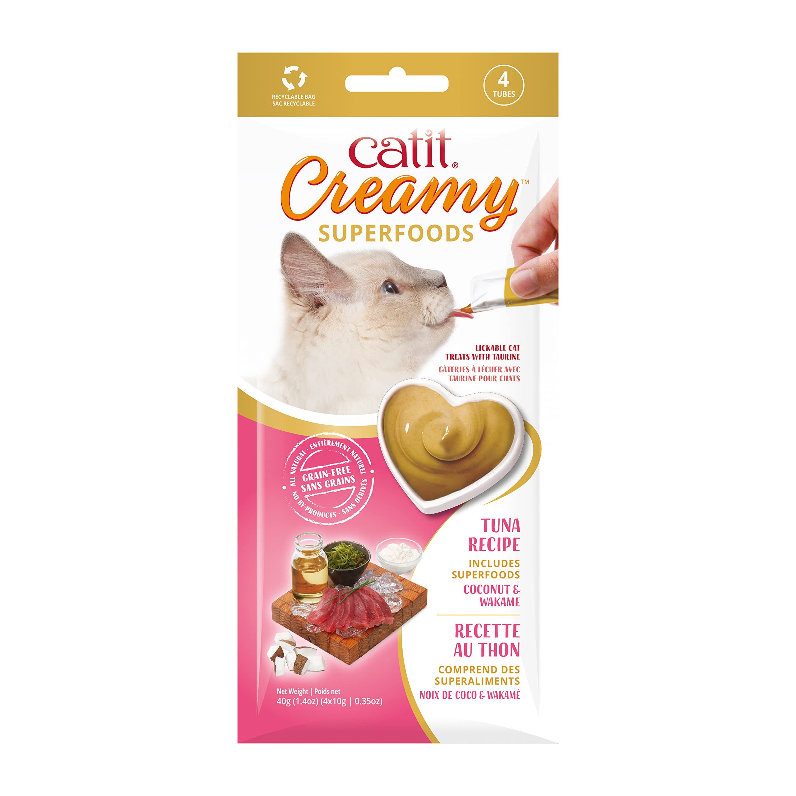Catit Creamy Superfood Lickable Cat Treat – Hydrating and Healthy Treat for Cats of All Ages - Tuna with Coconut & Wakame 4-Pack