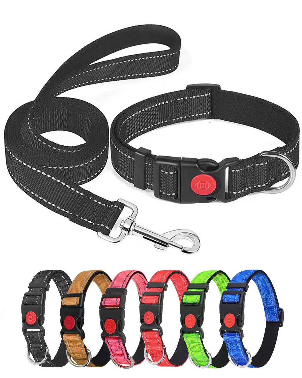 Aeclleca Reflective Dog Collar and Leash Set with Safety Locking Buckle，Adjustable Soft Nylon Pet Collars for Small Medium Dogs (Black L)