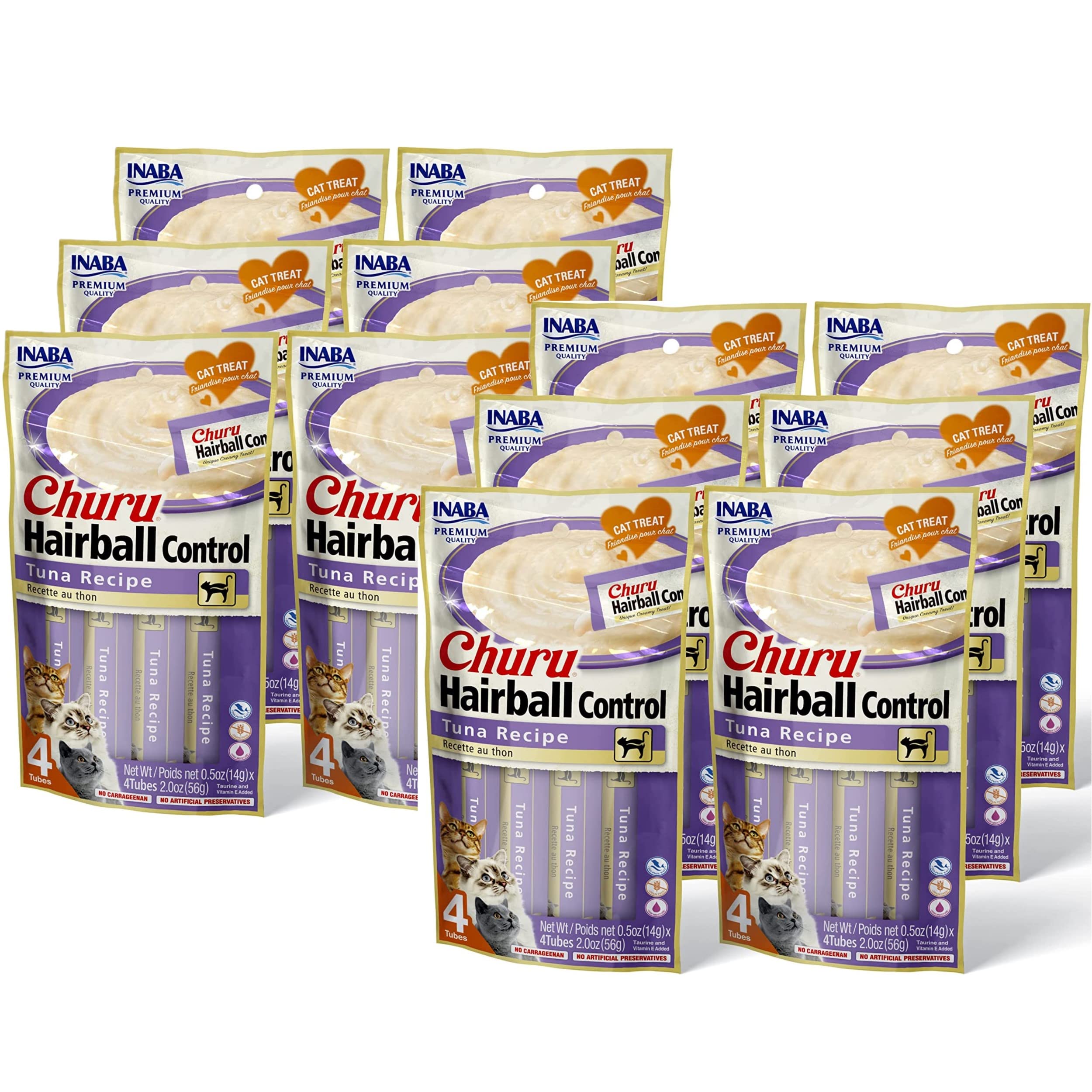 INABA Churu for Cats Functional Creamy Lickable Purée Cat Treat for Hairball Control with Taurine & Vitamin E 0.5 Ounces Each 48 Tubes (4 per Pack) Tuna Recipe